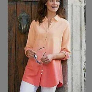 Soft Surroundings Orange Ombré Linen Button Down Tunic Size 1X